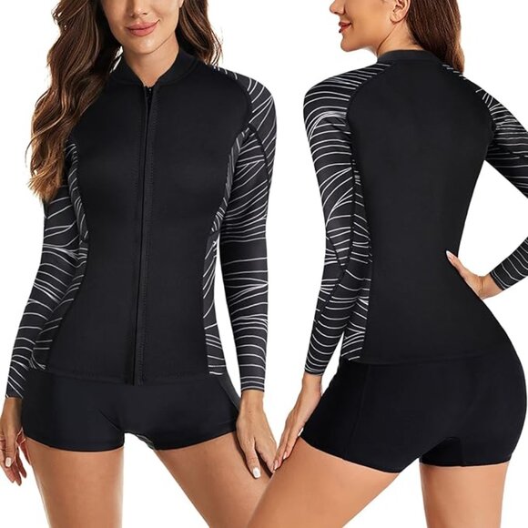 Striped Wetsuit/Gym Top Women Wet suit Long Sleeve UV Jacket 1.5mm Neoprene M~L - Picture 3 of 4